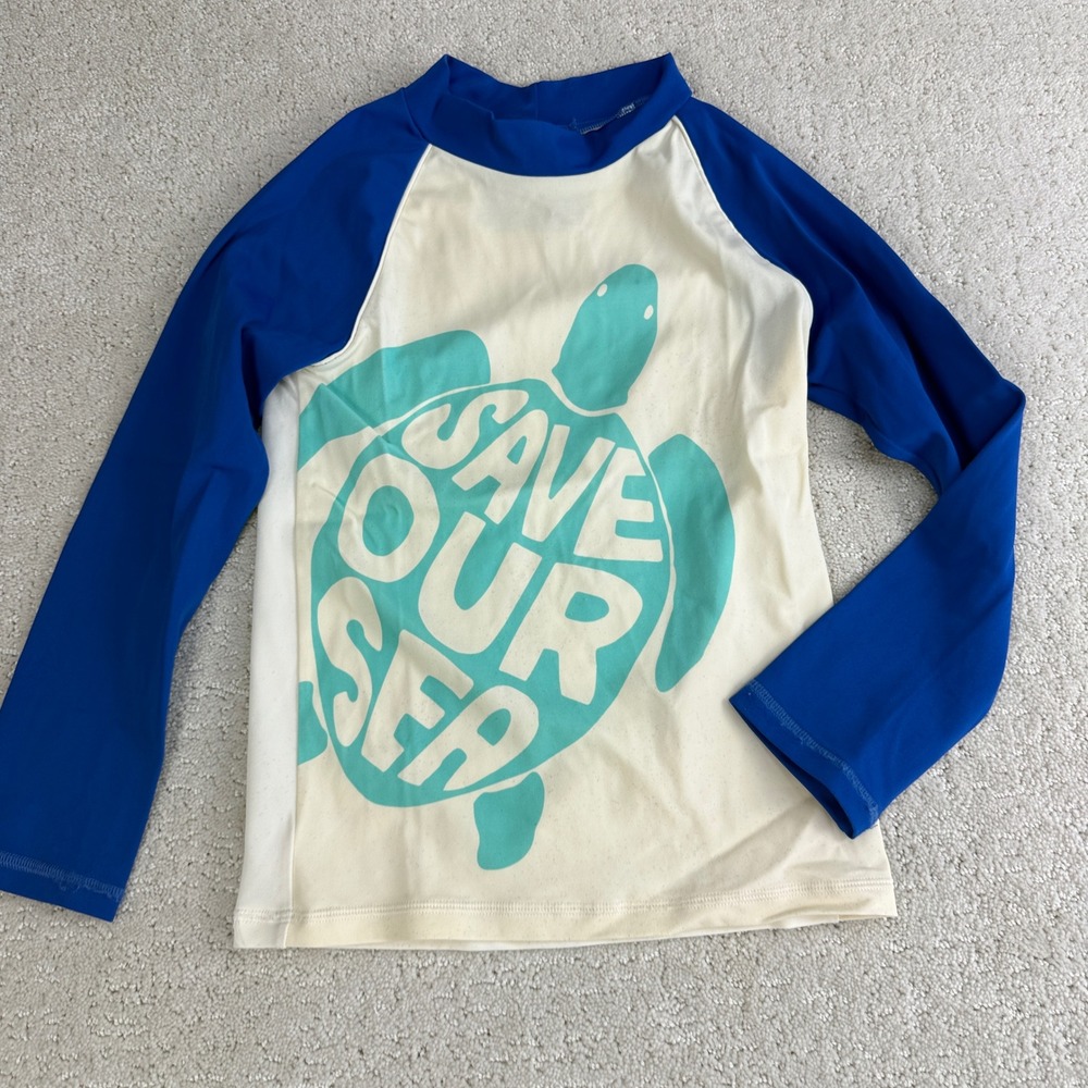 Boden Rash Guard Kids 7-8Y Blue White Save Our Sea Turtle UPF 40+ Long Sleeve